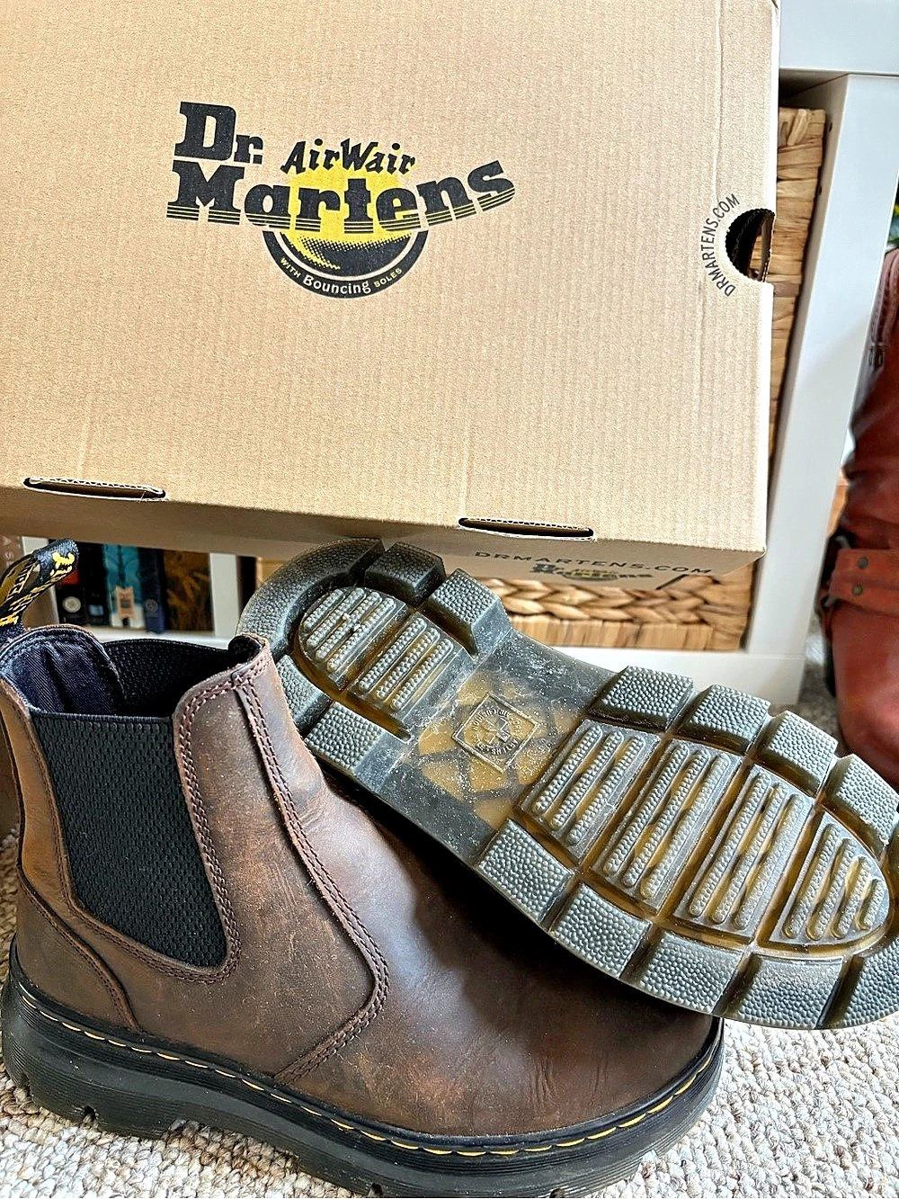 Dr. Martens 2976 Yellow Stitch Crazy Horse Leather Chelsea Boots Brown & Black